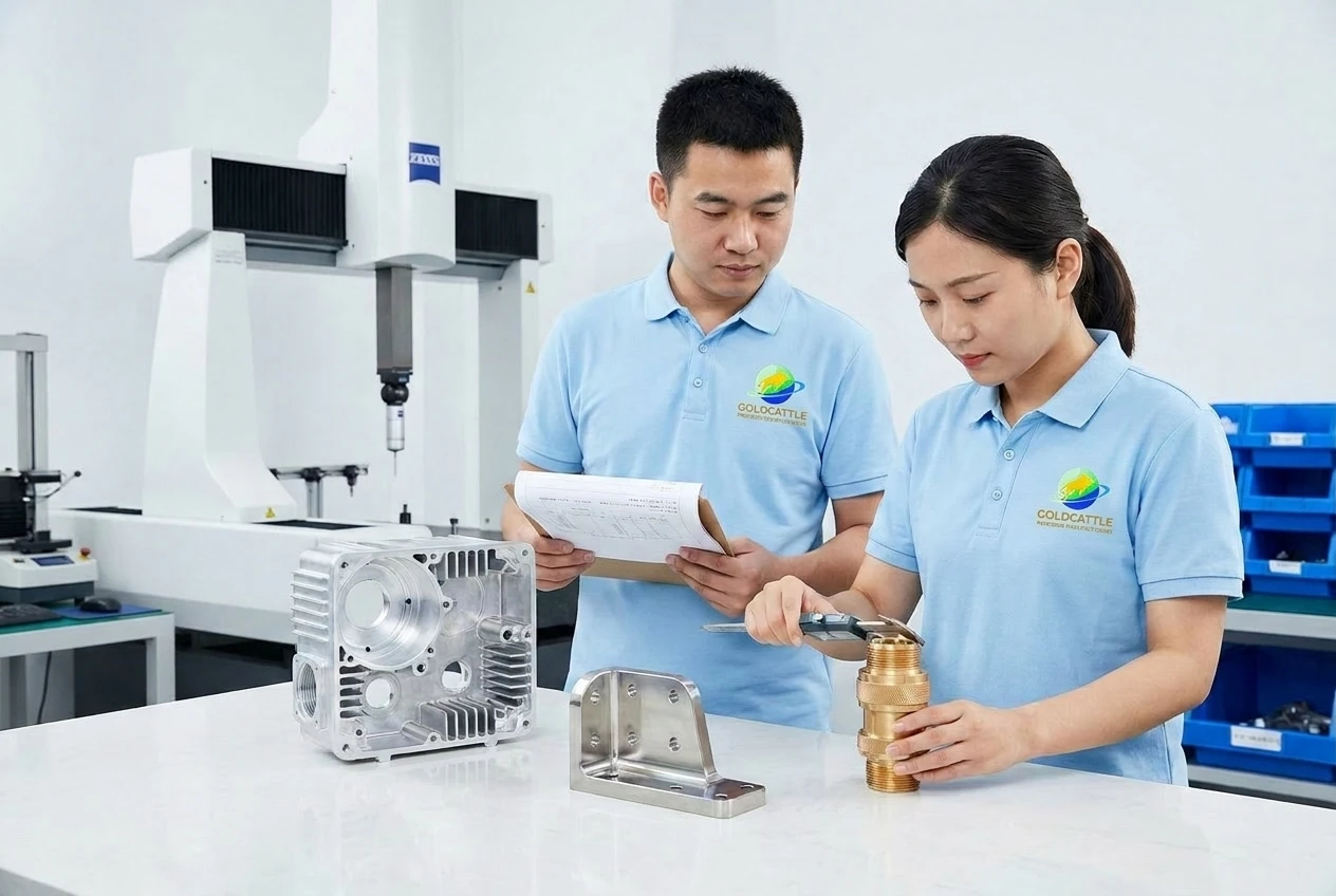 Three CNC milled parts side by side: thin-wall aluminum housing, precision stainless steel medical bracket, and brass connector body, inspected by Chinese quality engineers wearing light blue polo shirts