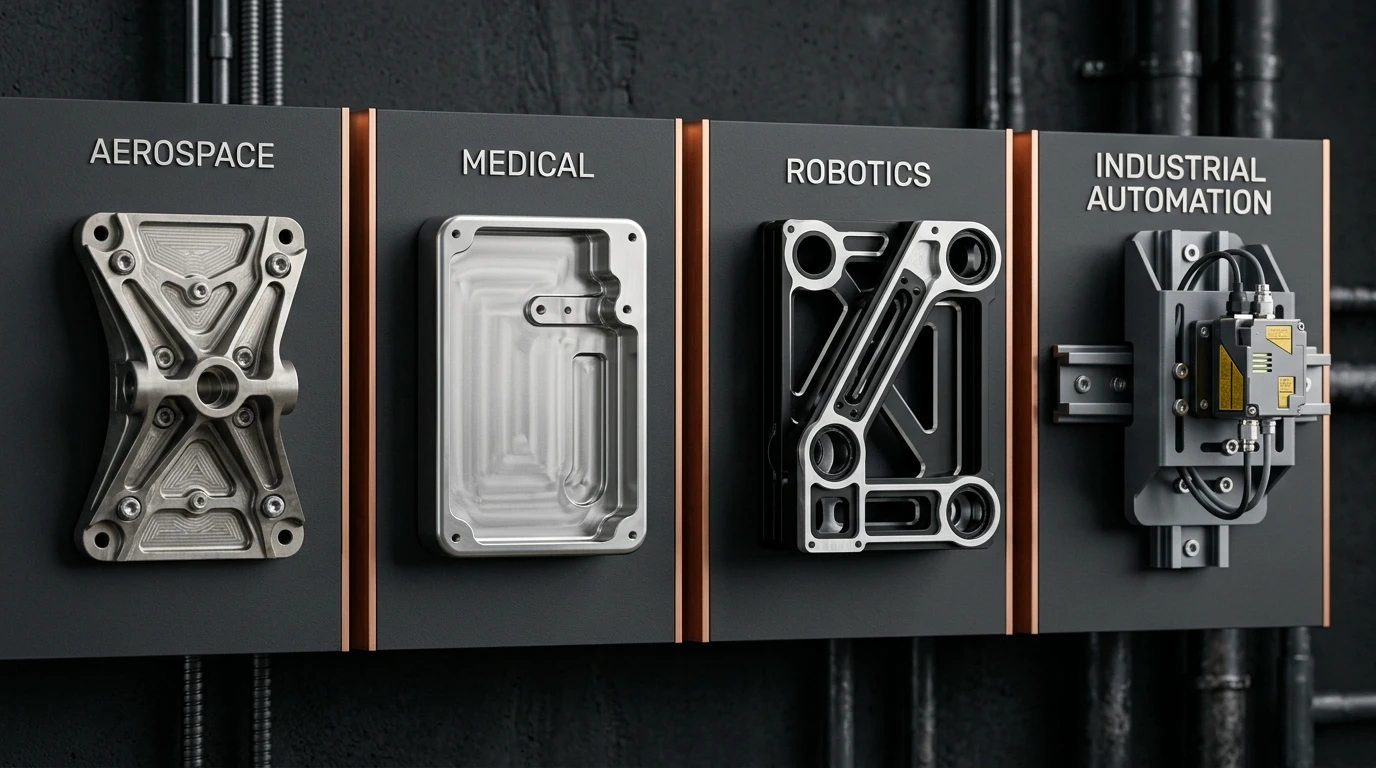 Four industry application panels: aerospace, medical devices, robotics and industrial automation with CNC machined metal parts
