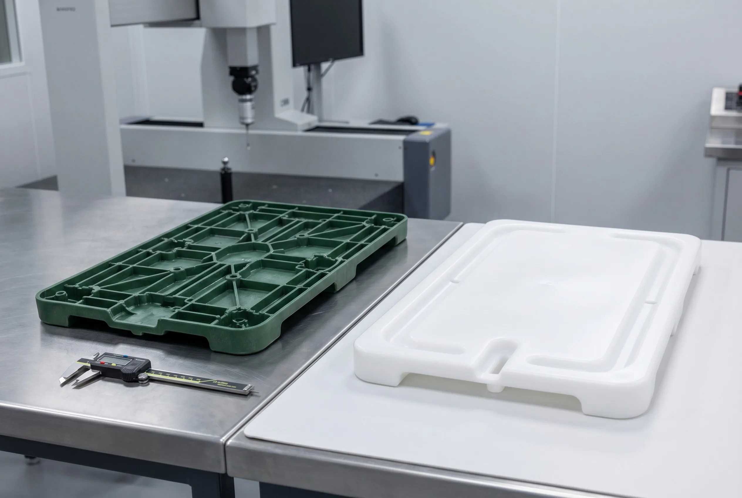 Two plastic pallet insert components on inspection surfaces: glass-filled nylon heavy-duty insert and food-grade HDPE insert