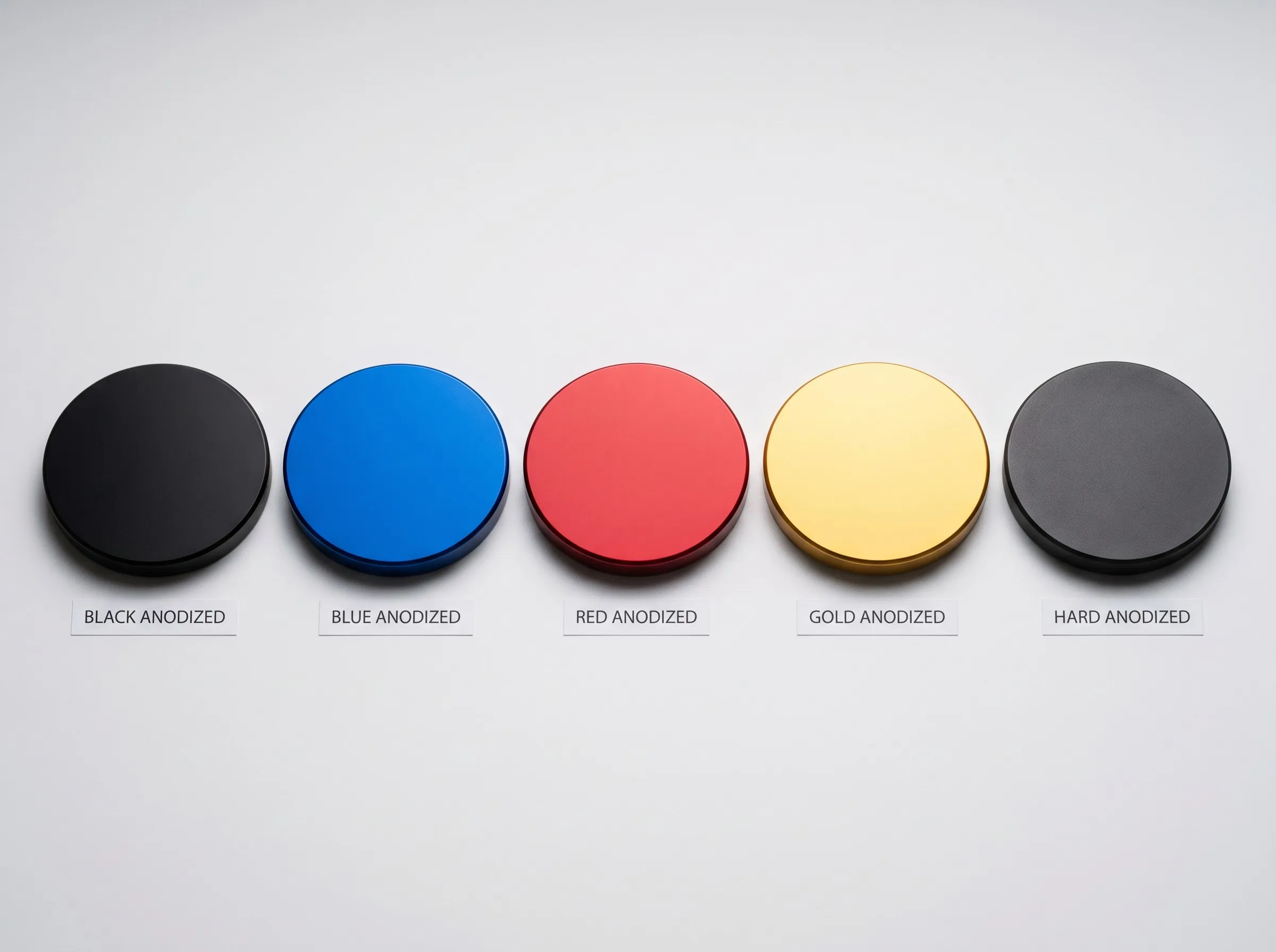 Anodized surface finish options for CNC aluminum motorcycle parts showing black blue red gold silver and hard anodized samples