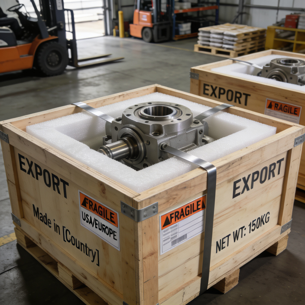 Export packaging for precision industrial parts, foam protected wooden crates