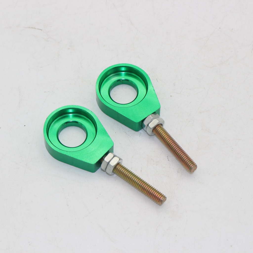 Green CNC chain adjusters for motorcycle customization