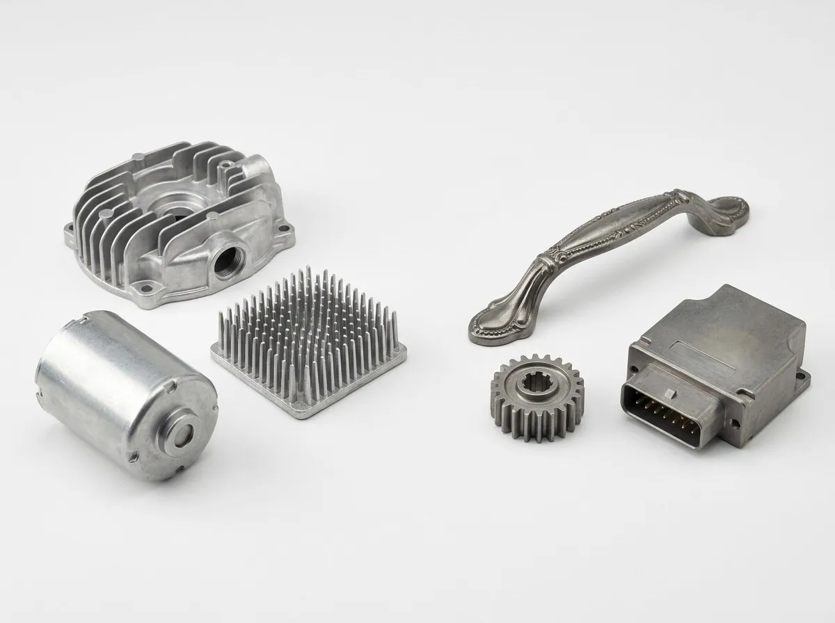 Aluminum vs zinc die casting comparison showing lightweight aluminum parts and denser zinc precision components side by side