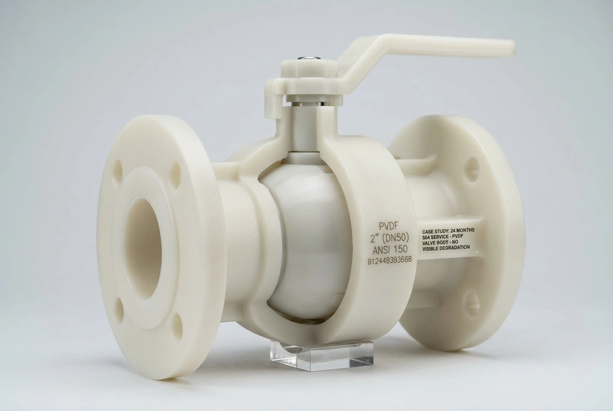 PVDF valve component after 24 months in sulfuric acid transfer system