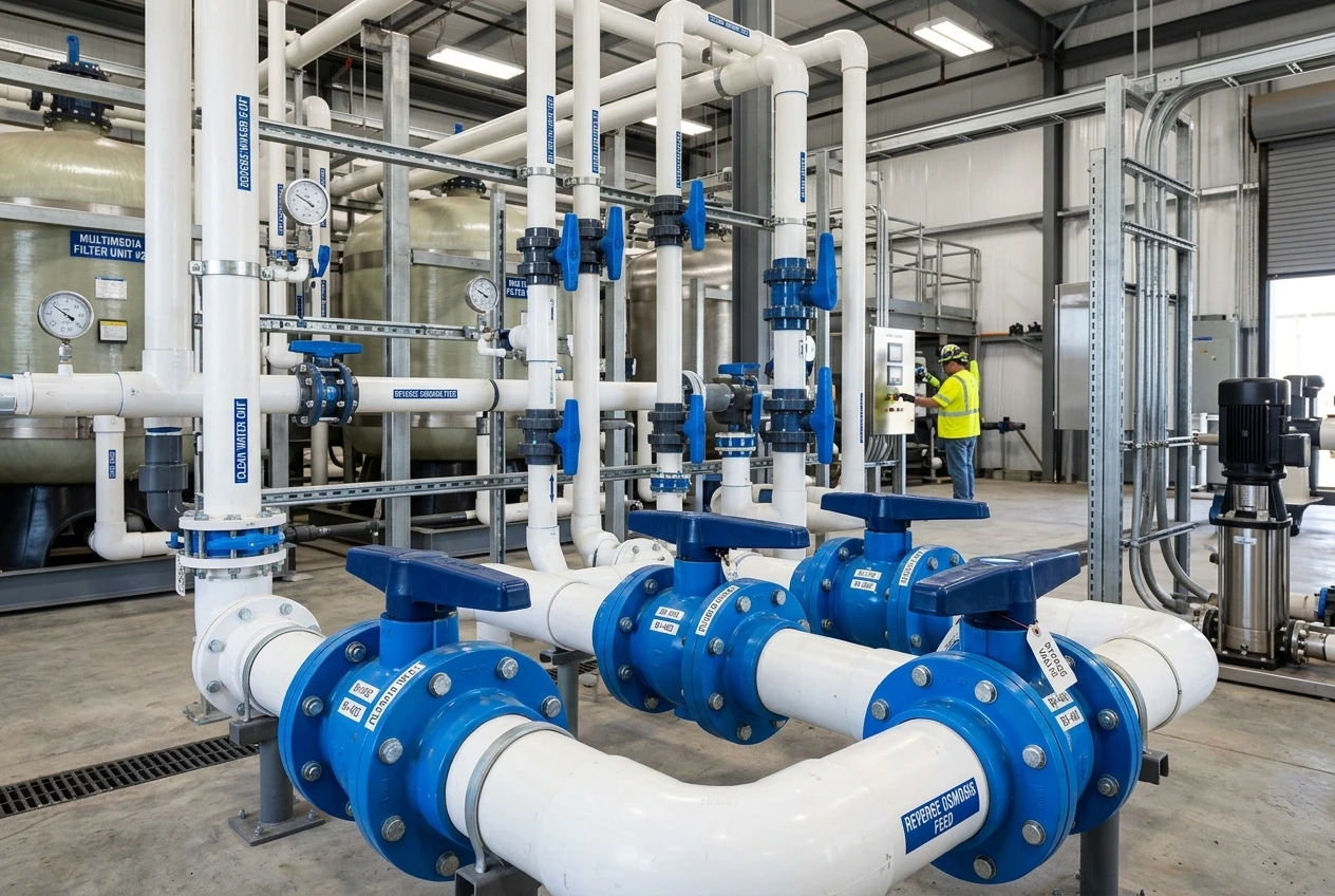 PVC valve components in water treatment filtration system