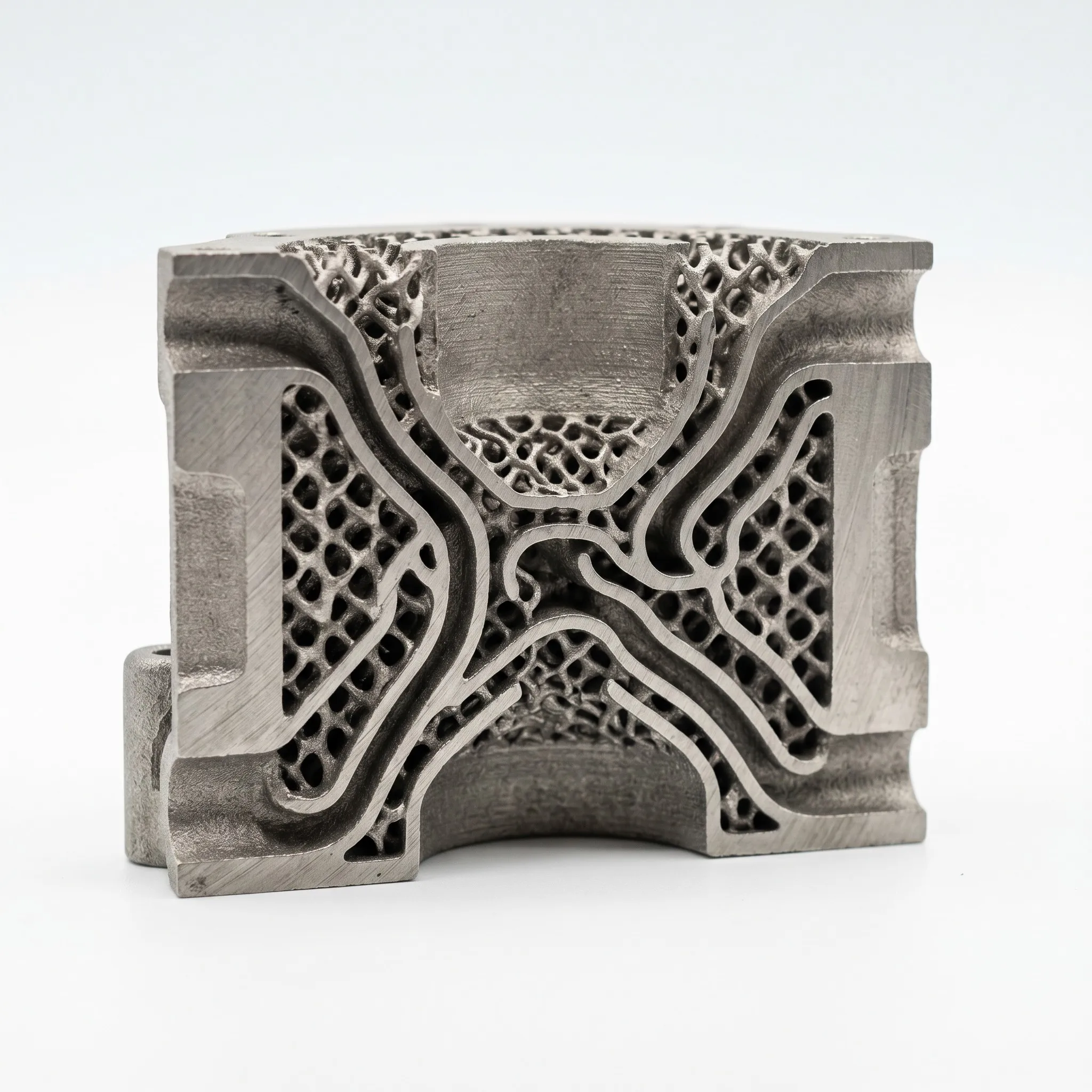 Macro view of 3D printed metal part with intricate internal channels