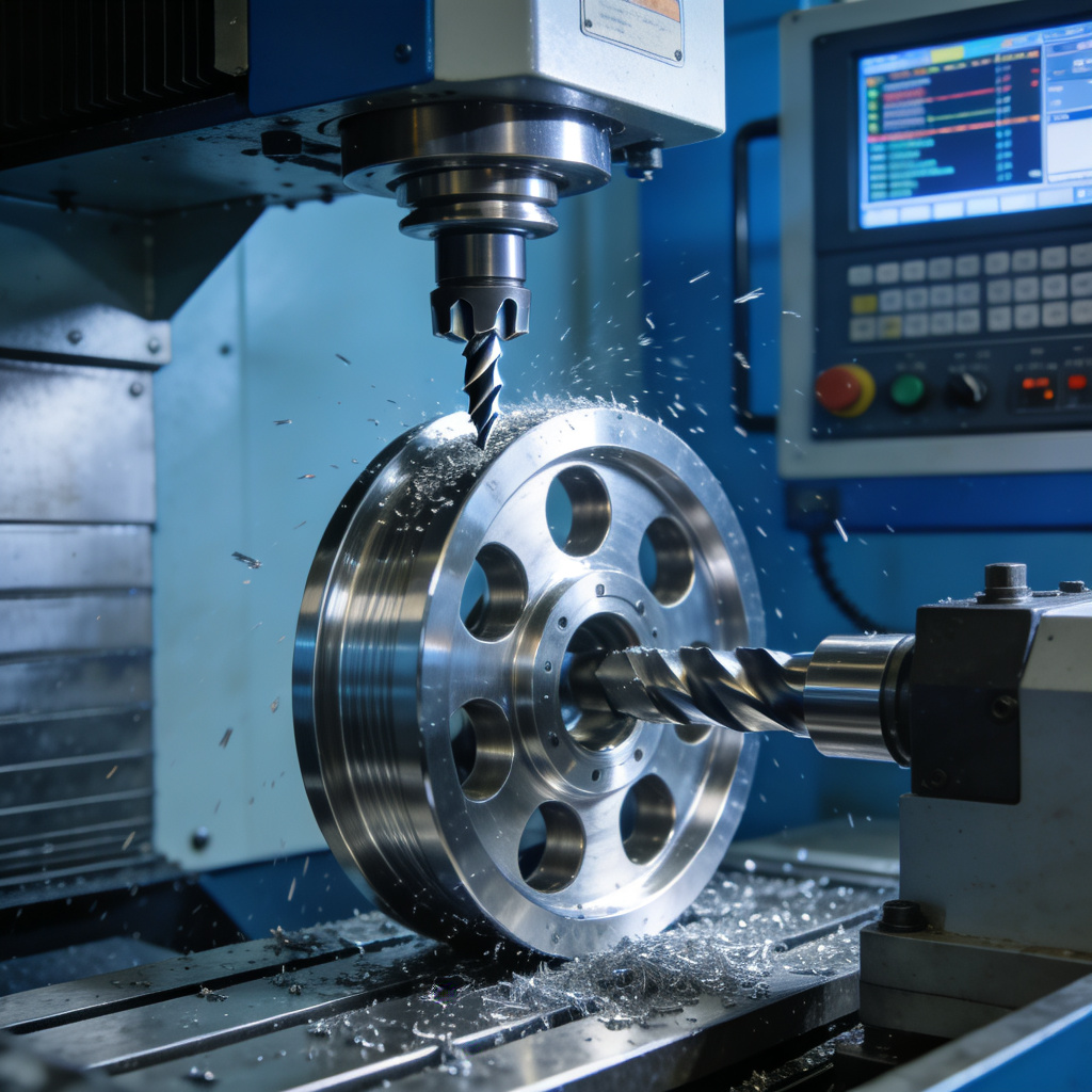CNC machining center producing stainless steel pulley, industrial manufacturing process, precision cutting tools in operation