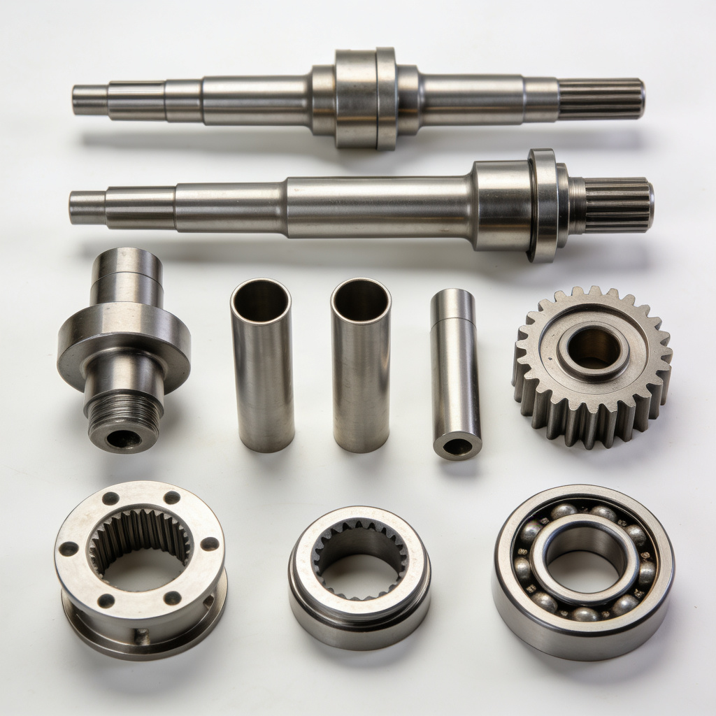 Various custom 316L stainless steel transmission parts including shafts, couplings, sleeves