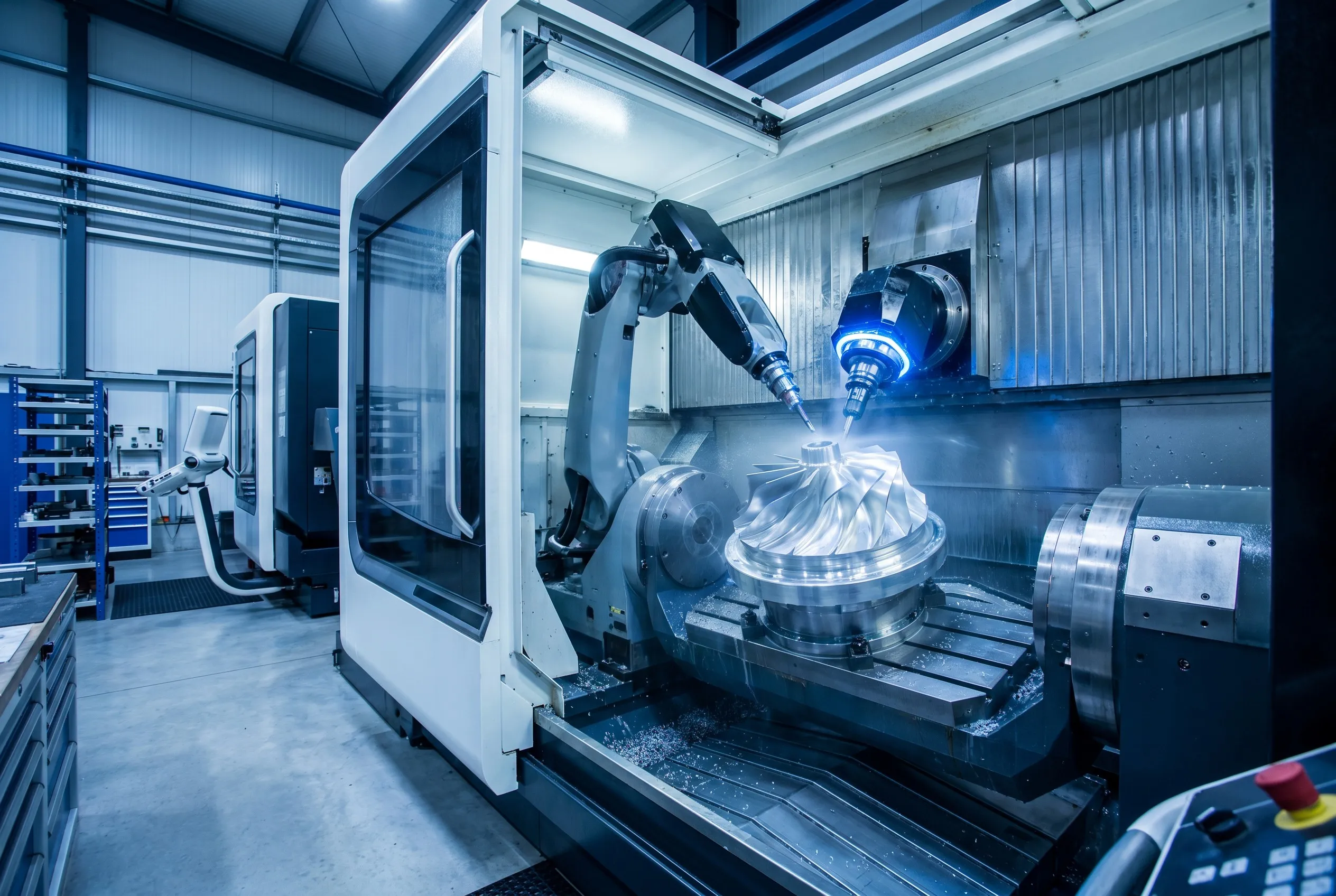 Simultaneous 5-axis CNC machining center producing complex precision components for aerospace and medical applications