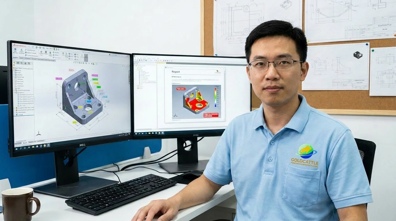 Chinese engineer reviewing 3D CAD model with DFM manufacturability analysis annotations on dual-monitor workstation, wearing light blue polo shirt
