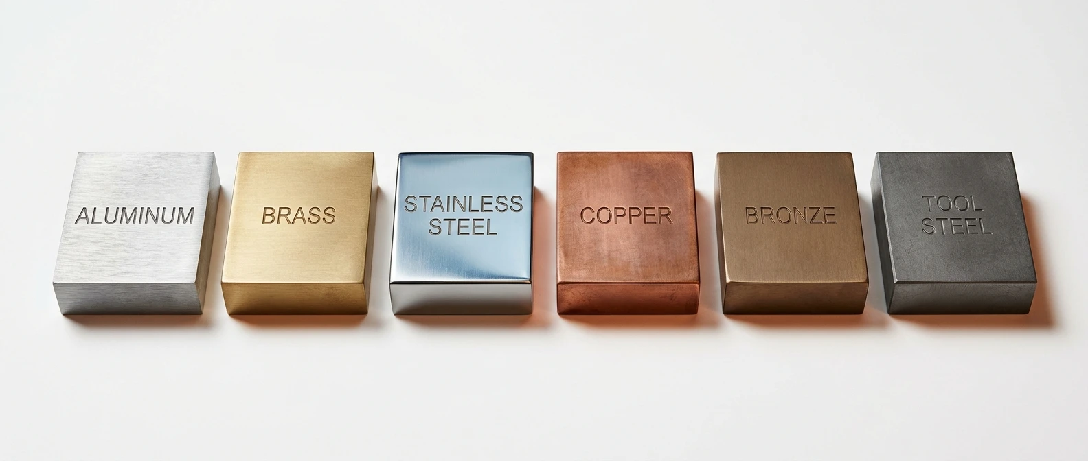 Six engineering metal material samples: aluminum, brass, stainless steel, copper, bronze and tool steel