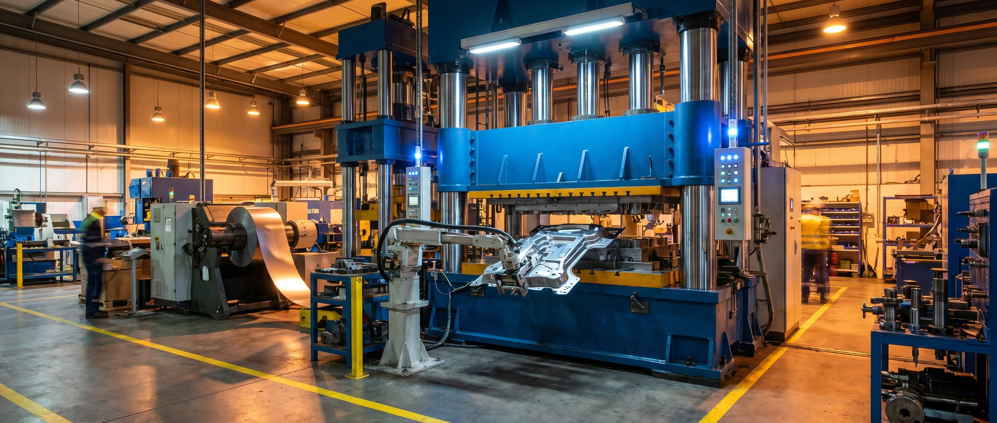 Precision metal stamping factory floor with progressive die press and stamped components production