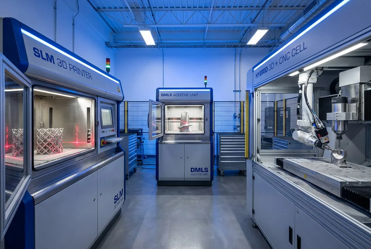 Industrial metal 3D printing technology showcase with SLM DMLS and hybrid manufacturing CNC machines in workshop