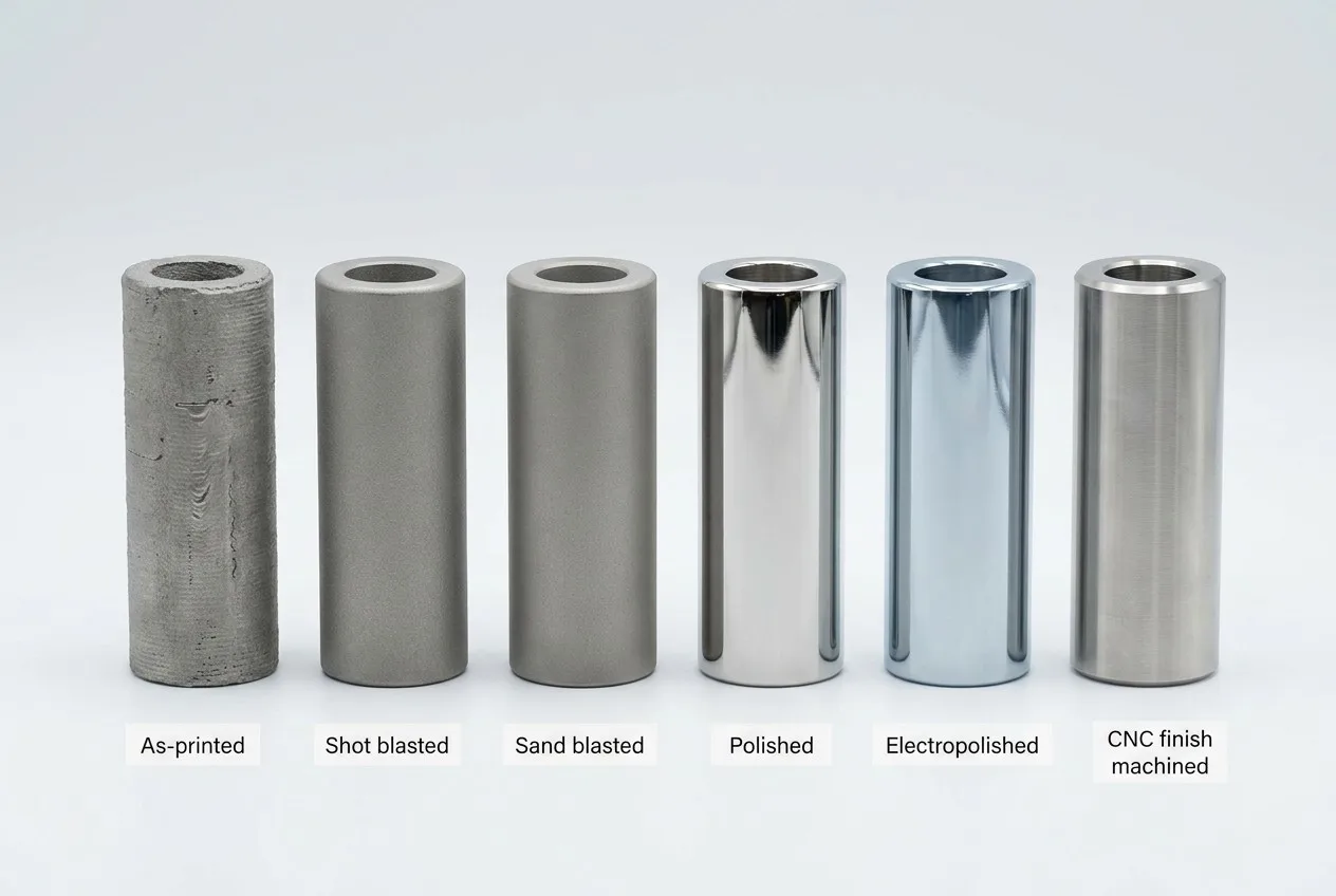 Stainless steel 3D printed surface finishing progression from as-printed to shot blasted sand blasted polished electropolished CNC machined