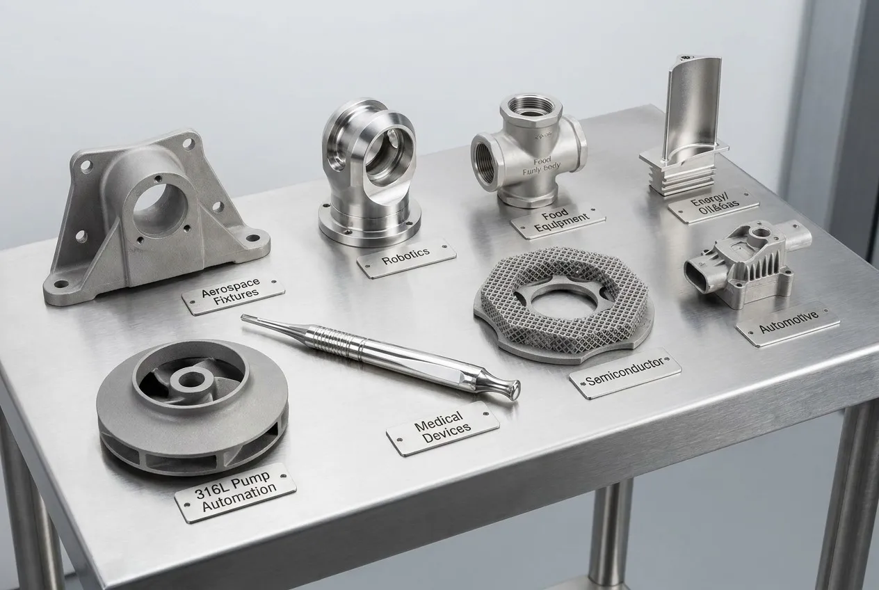 Stainless steel 3D printed industrial application parts for automation medical aerospace robotics food equipment semiconductor energy automotive industries