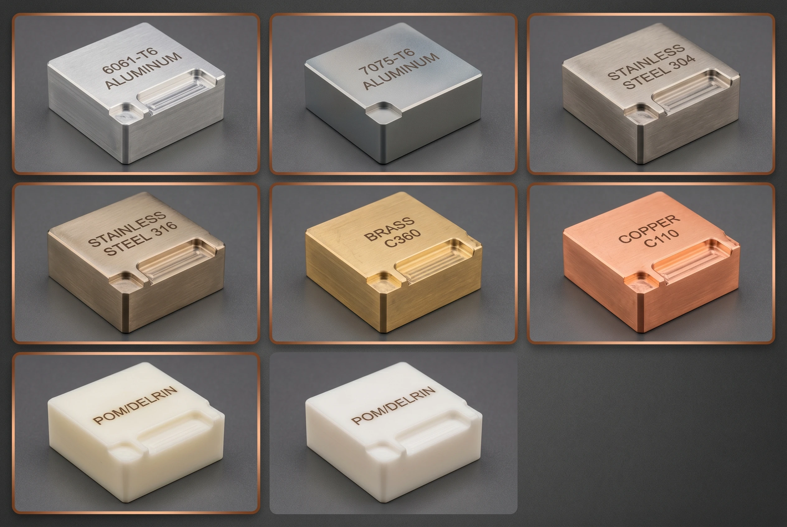 Seven CNC machining material samples: 6061-T6 aluminum, 7075-T6 aluminum, 304 stainless steel, 316 stainless steel, brass C360, copper C110 and POM plastic with machined surface finish textures