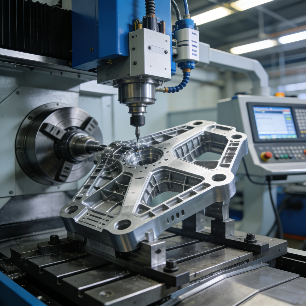 5-axis CNC machine contour milling a complex, curved 3D surface on a metal workpiece