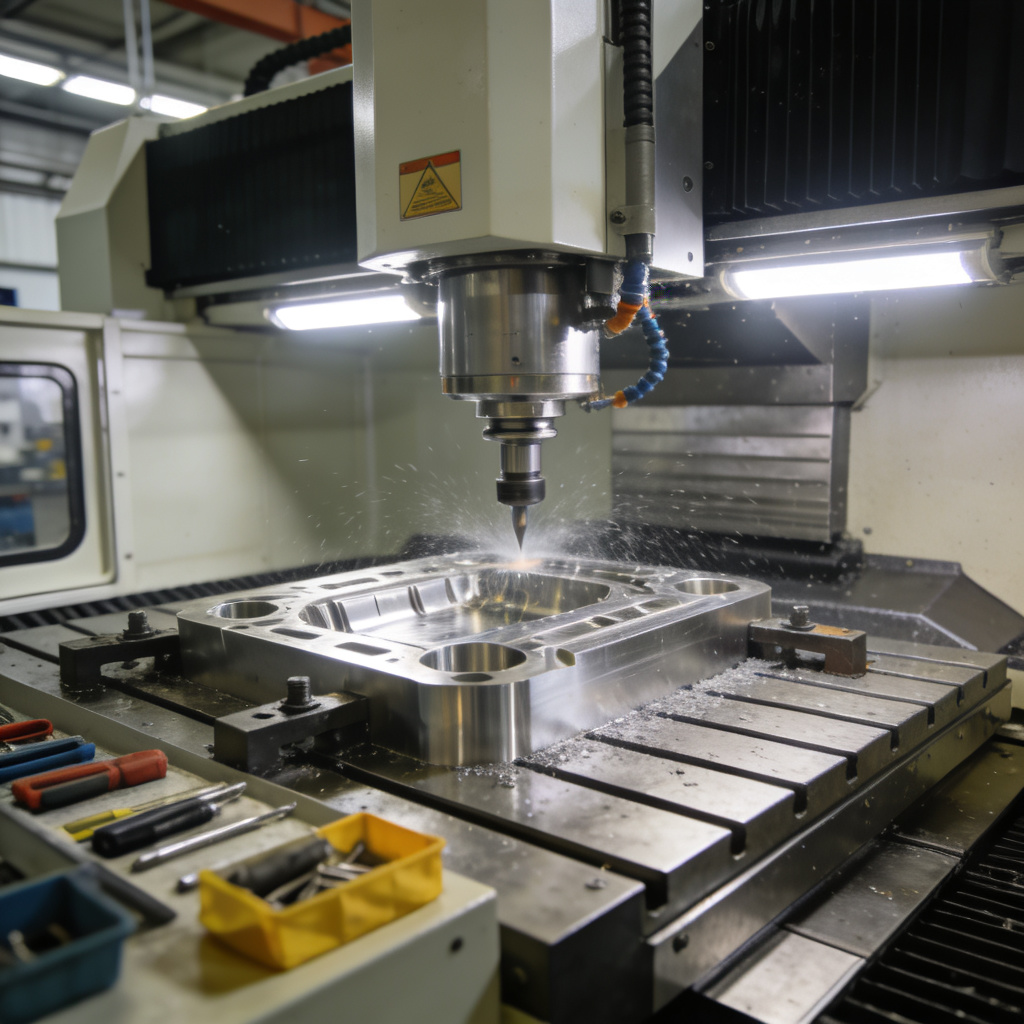 Five-axis CNC machining center operating in aerospace manufacturing facility