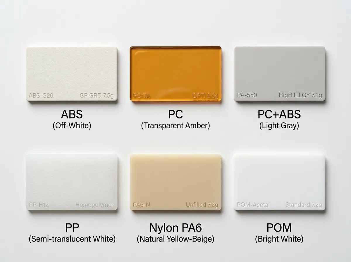 Plastic material sample coupons for injection molding showing ABS, PC, PC+ABS, PP, Nylon PA6, and POM with different surface textures