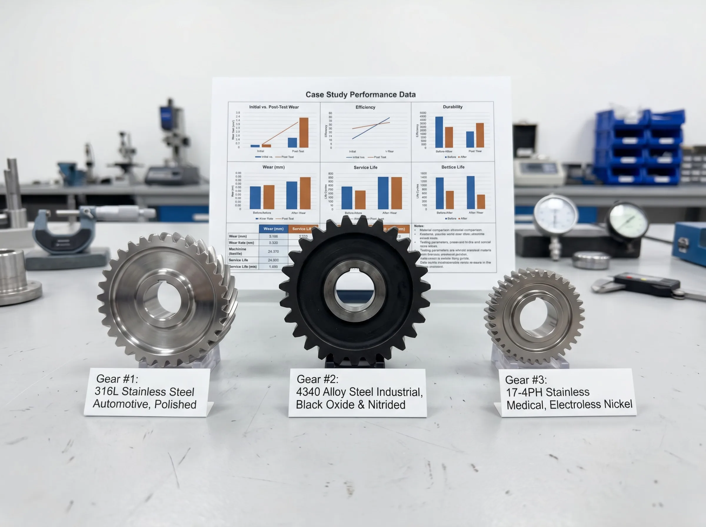 Three completed CNC machined oil pump gears case study evidence showing 316L polished, 4340 black oxide nitrided, and 17-4PH electroless nickel finished gears on inspection bench