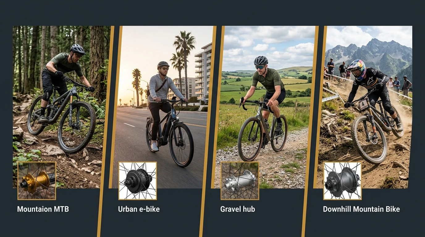 Four cycling application sectors: mountain bike, e-bike, gravel bike and downhill racing with corresponding hub requirements