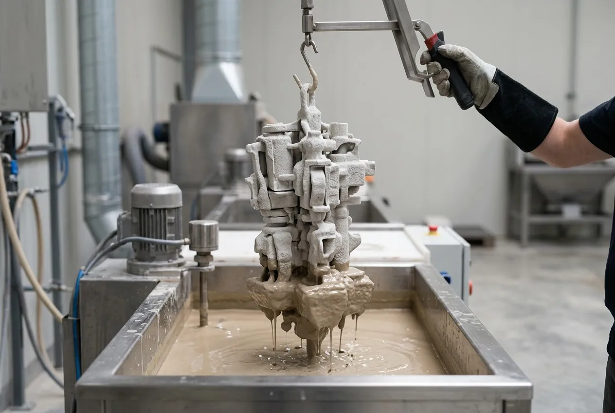 Investment casting ceramic shell mold being dipped in slurry