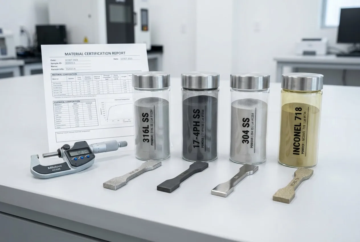 Stainless steel metal 3D printing powder samples 316L 17-4PH 304 Inconel 718 with material test specimens on laboratory bench