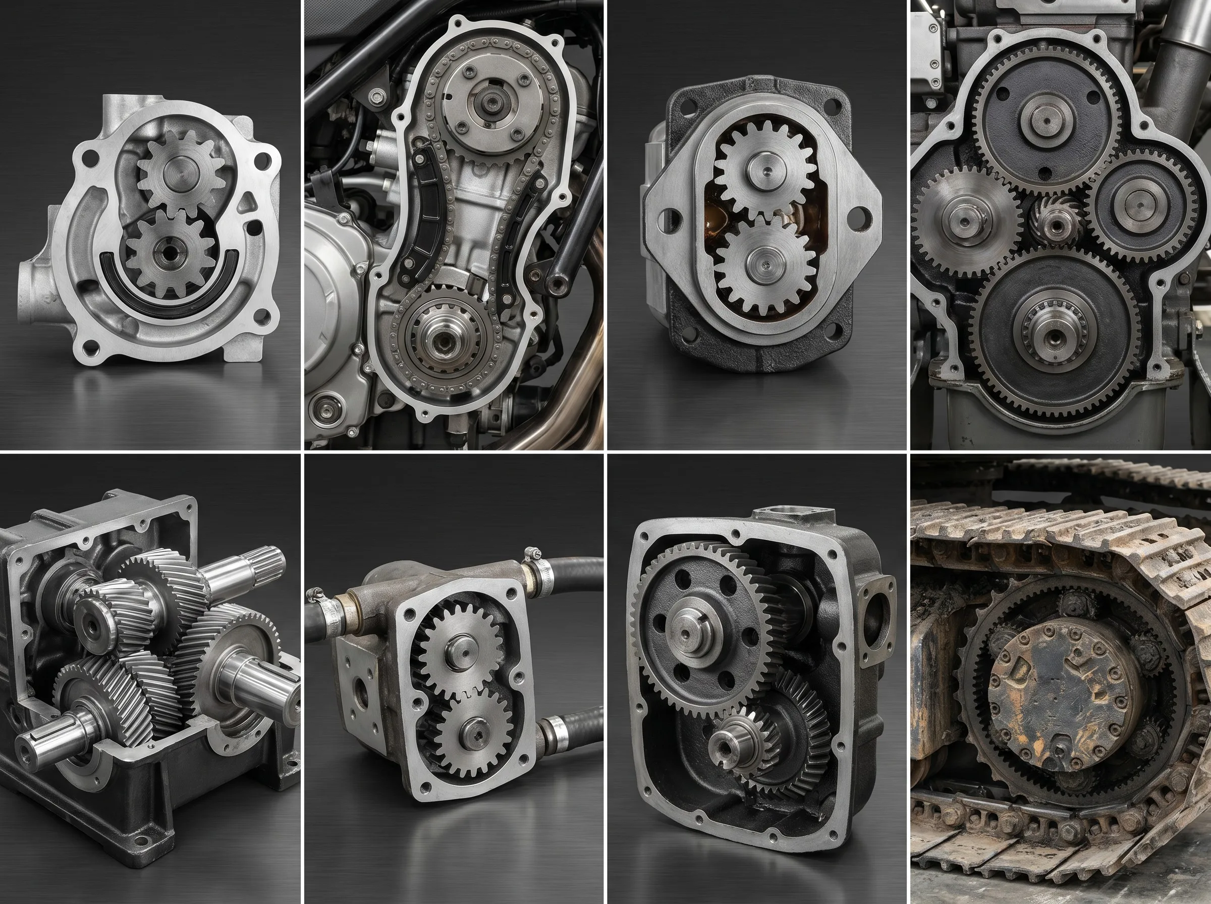 Oil pump gear applications across automotive engine, motorcycle, hydraulic pump, diesel engine, industrial gearbox, oil transfer pump, agricultural tractor, and construction equipment