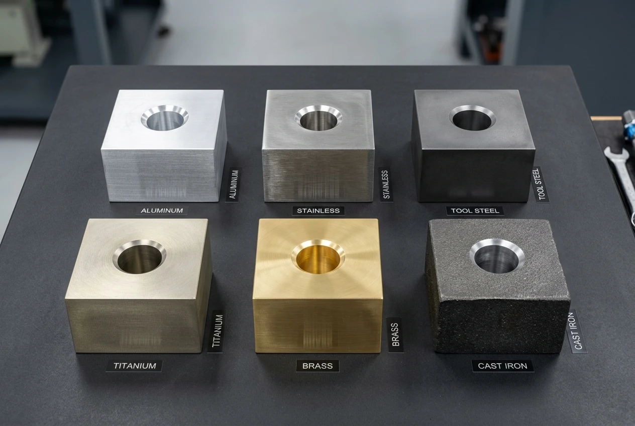 Six material sample blocks with precision reamed holes: aluminum, stainless steel, tool steel, titanium, brass, and cast iron