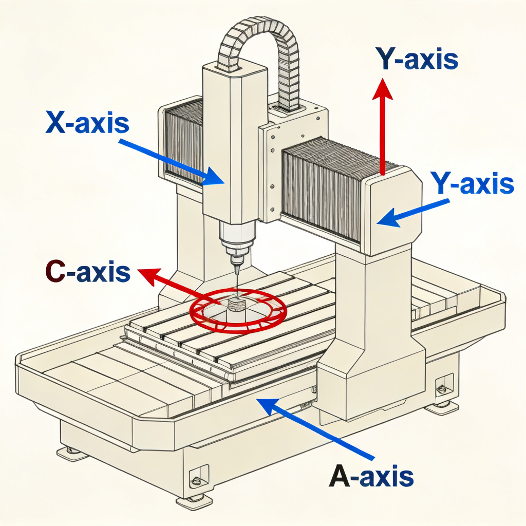 5-axis CNC tool movement diagram showing X Y Z A C axes