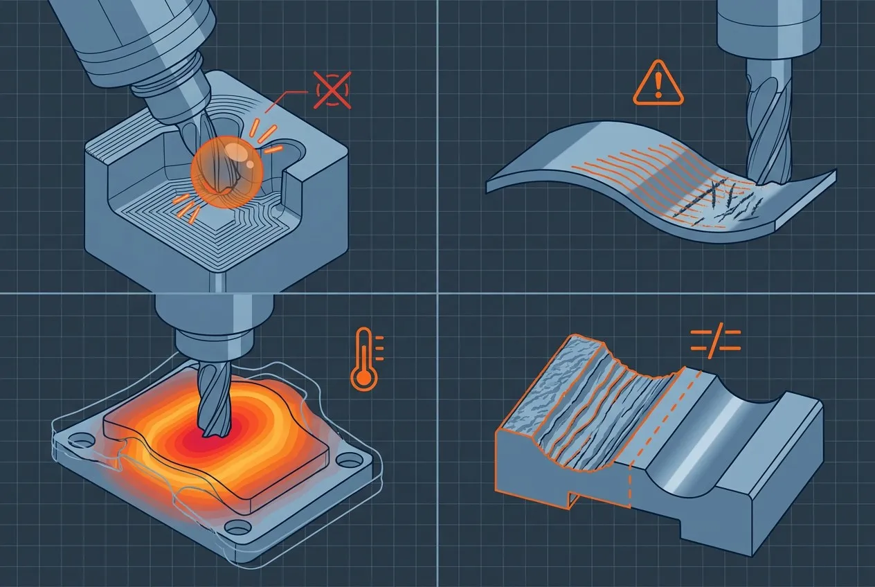 5-axis CNC engineering challenges: tool interference, thin-wall vibration, thermal deformation, and surface finish variation