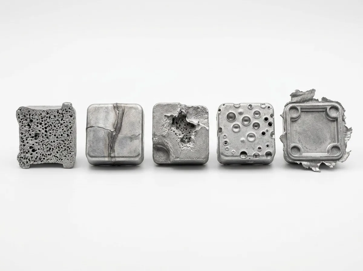Die casting defect reference showing porosity cold shut shrinkage gas holes and flash defects on aluminum parts