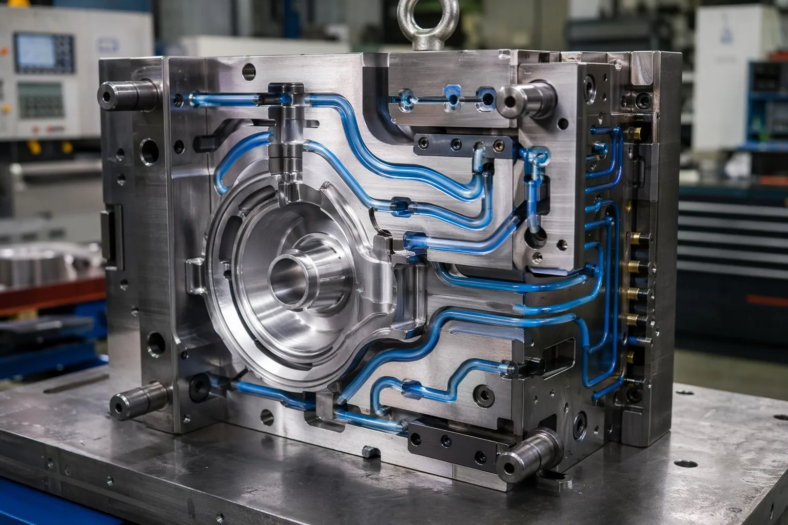4-cavity P20 pump housing mold with conformal cooling