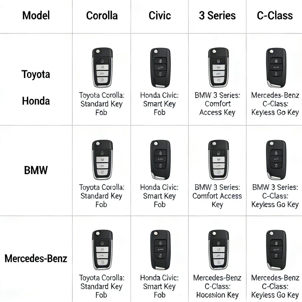 Car key fob compatibility chart showing different car brands and models