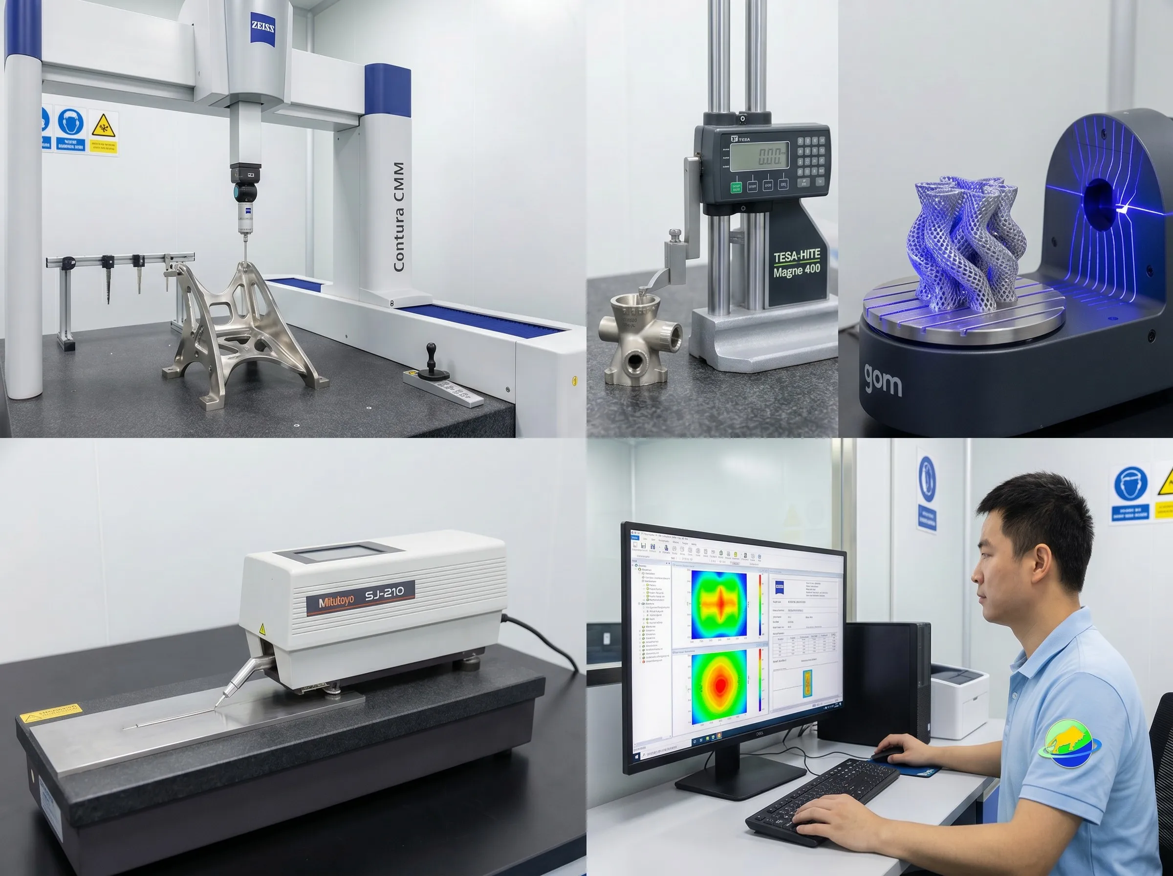 Quality control inspection for metal 3D printed stainless steel parts with Zeiss CMM height gauge 3D scanner surface roughness tester and Chinese technician examining dimensional deviation data