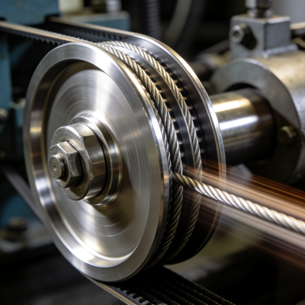 Stainless steel pulley in operation with cable running through the groove in industrial machinery