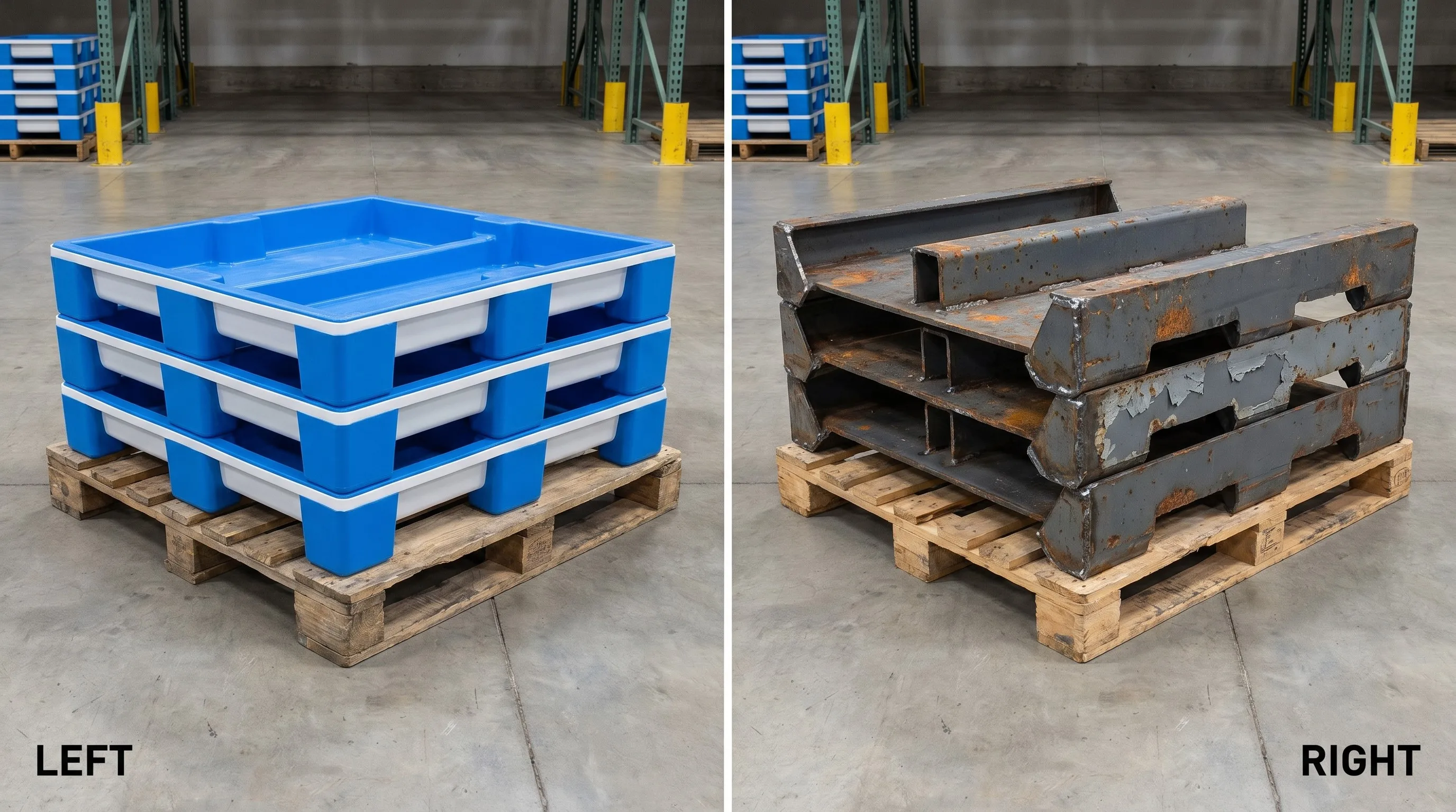 Side-by-side comparison of plastic pallet inserts versus metal steel pallet inserts showing rust and wear differences