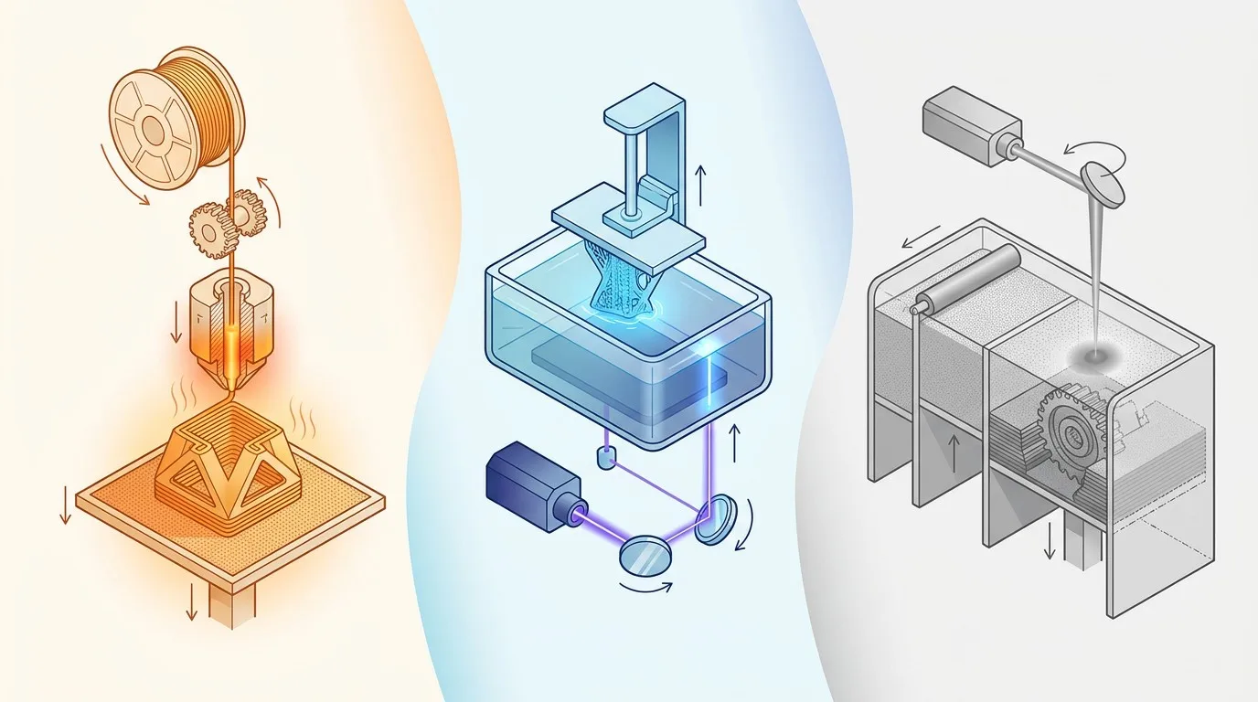Three 3D printing technologies comparison: FDM extrusion, SLA resin curing, SLS powder fusion
