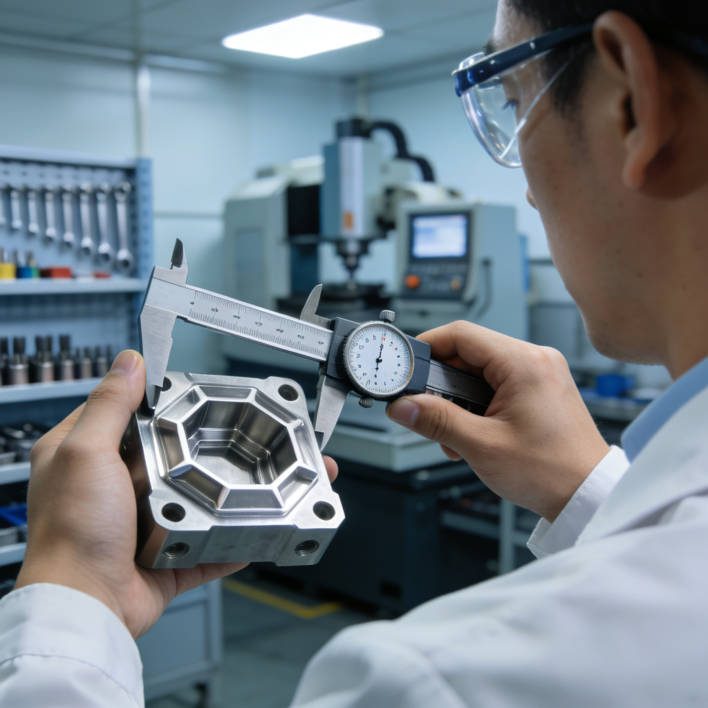 Quality control technician using precision measuring instruments to inspect CNC machined parts