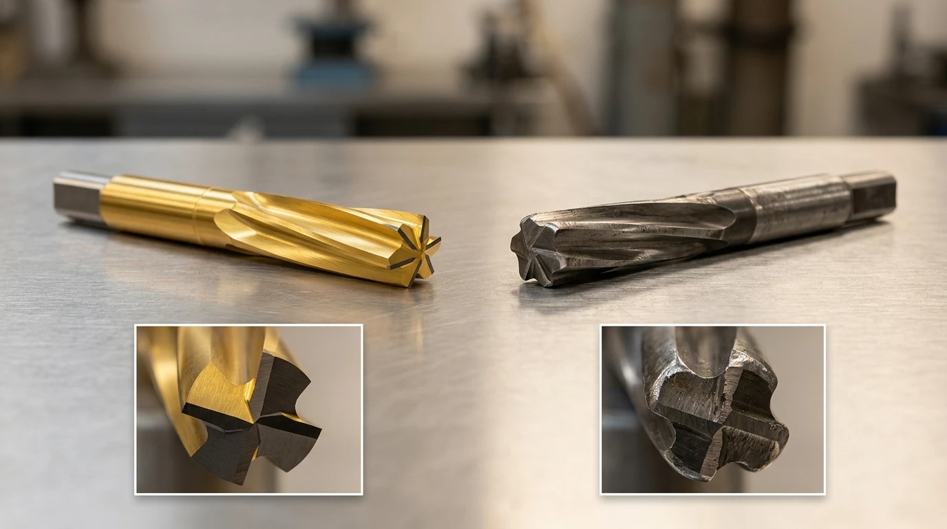 Carbide reamer versus HSS reamer comparison showing edge sharpness, coating, and wear resistance differences