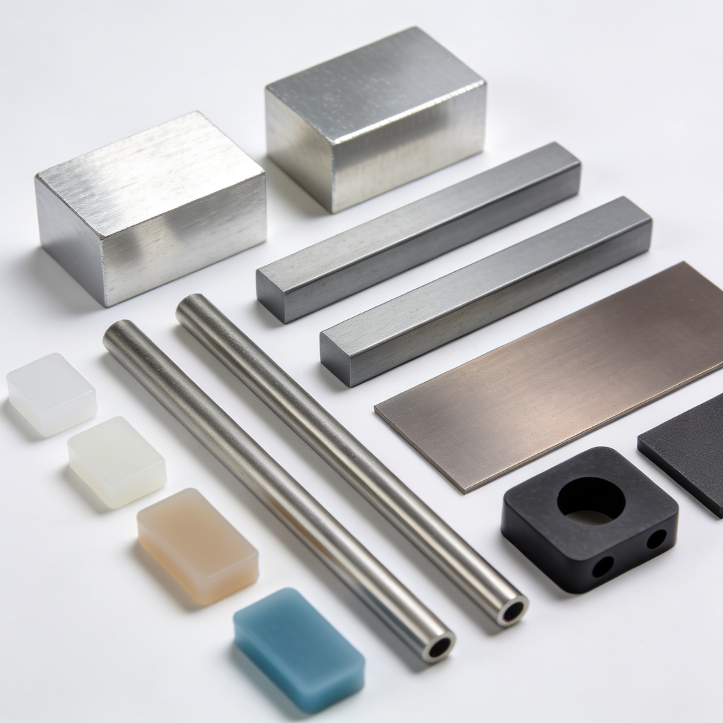 Selection of raw CNC machining materials including aluminum, stainless steel and titanium blocks