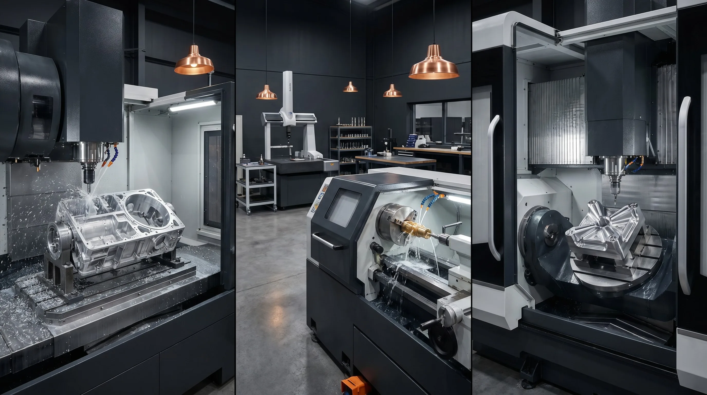 Goldcattle CNC machining facility with 3-axis, 4-axis, 5-axis milling centers, CNC lathes and CMM quality inspection