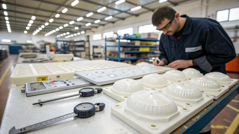 Technician inspecting molded plastic parts