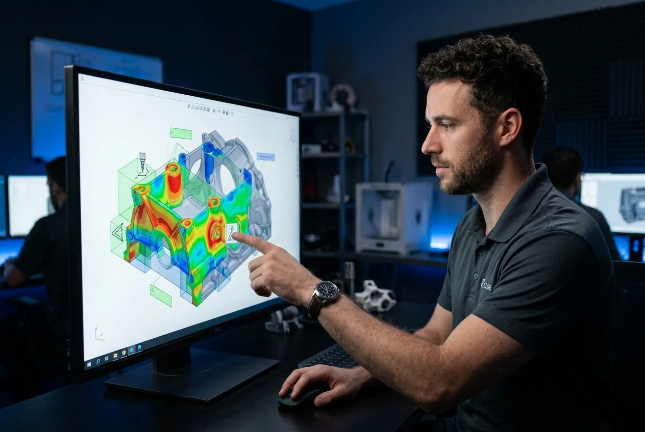 DFM engineering review: CAD model with wall thickness analysis color map and tolerance zone indicators