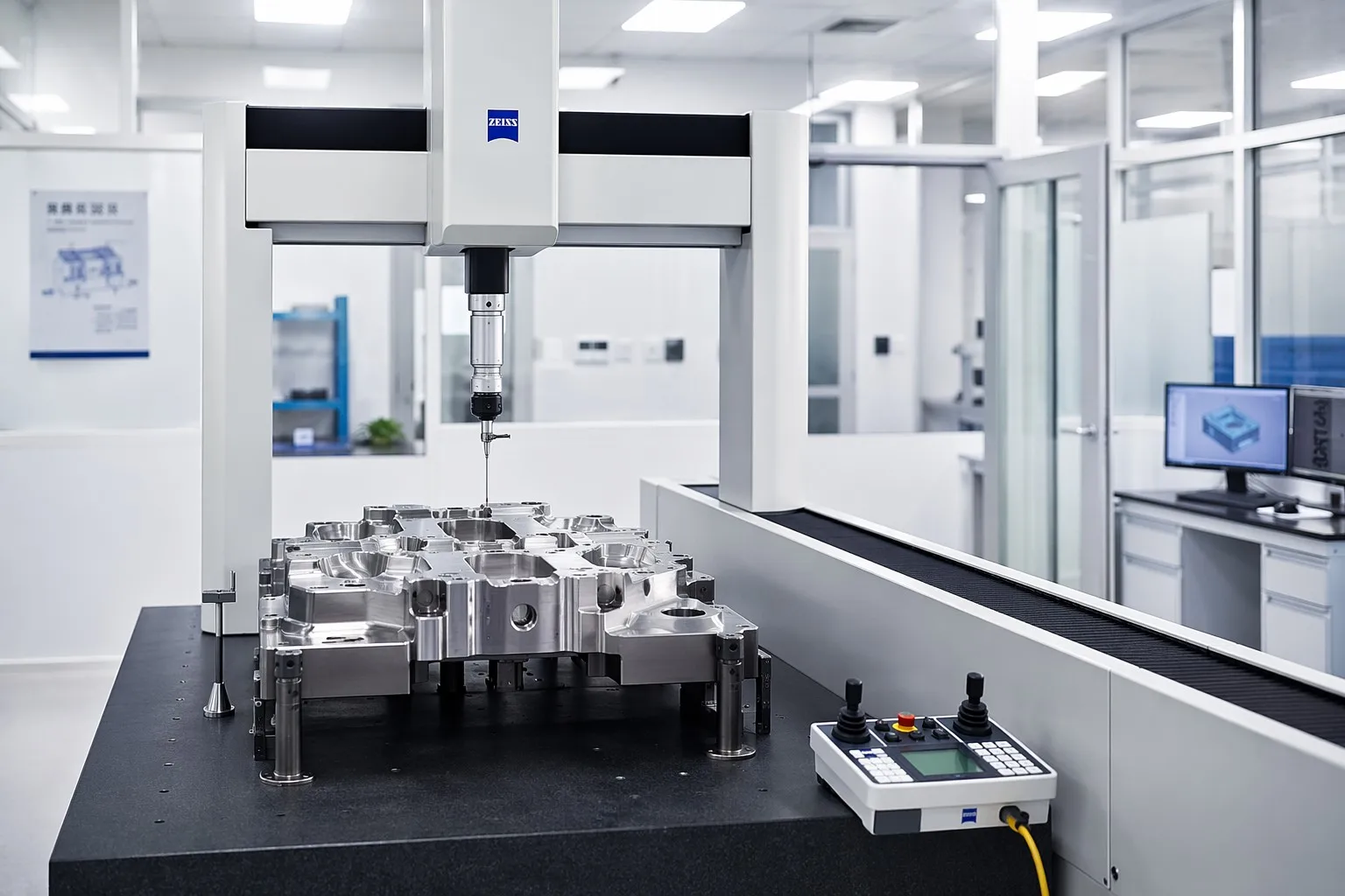 Goldcattle QC laboratory — CMM coordinate measuring machine inspecting mold component