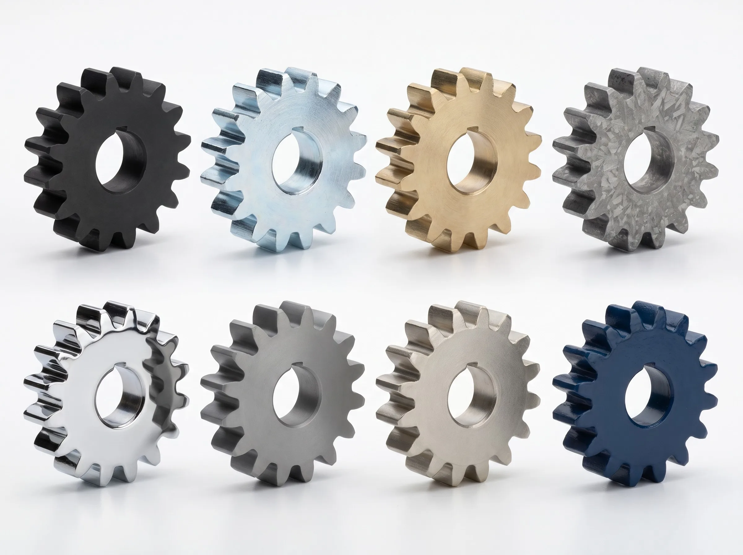 Surface finish samples for gear components showing black oxide, zinc plating, nickel plating, phosphate, polished, ground, electroless nickel, and painted finishes