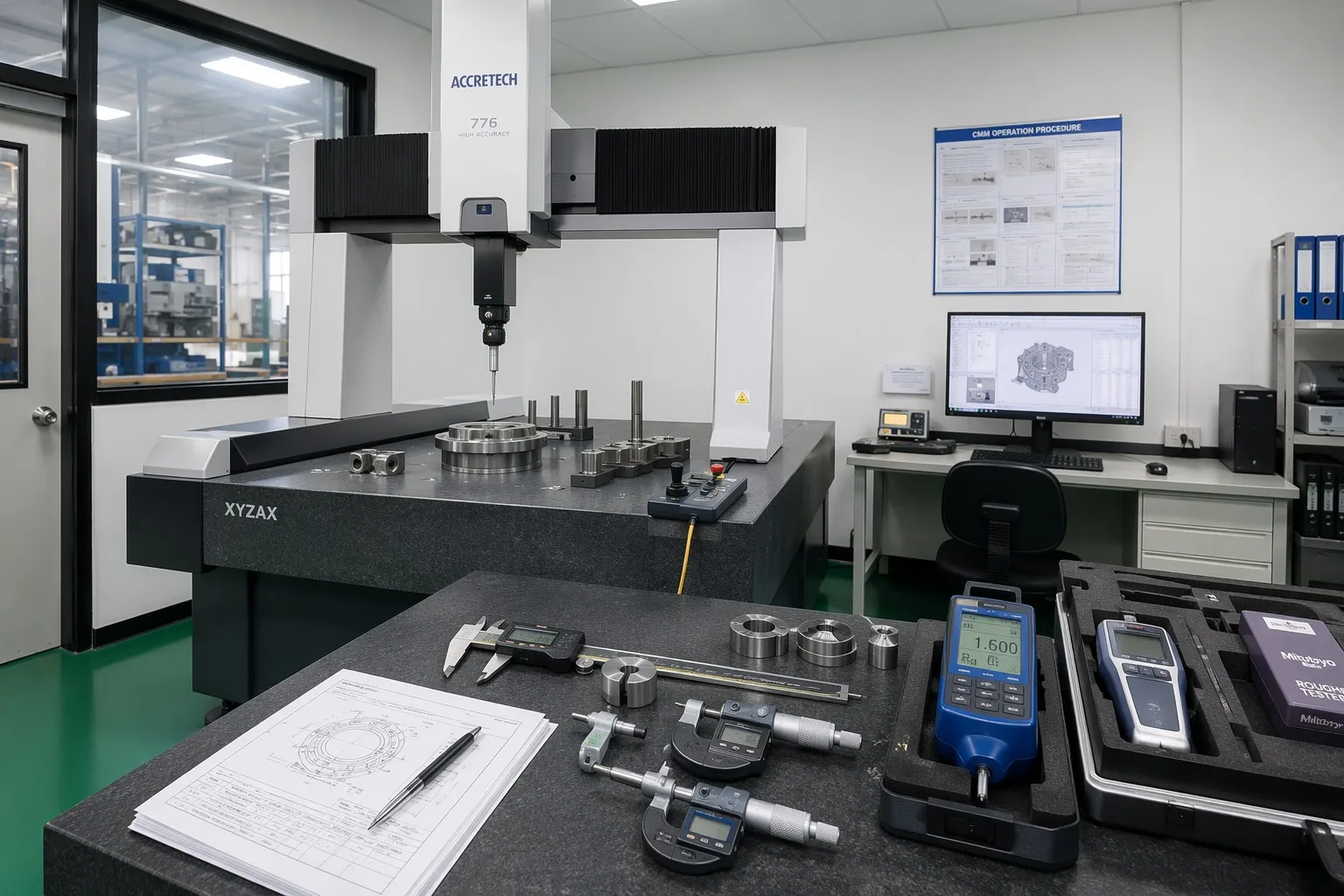Precision machined aluminum manifold being inspected on a CMM with the measuring probe at a critical bore