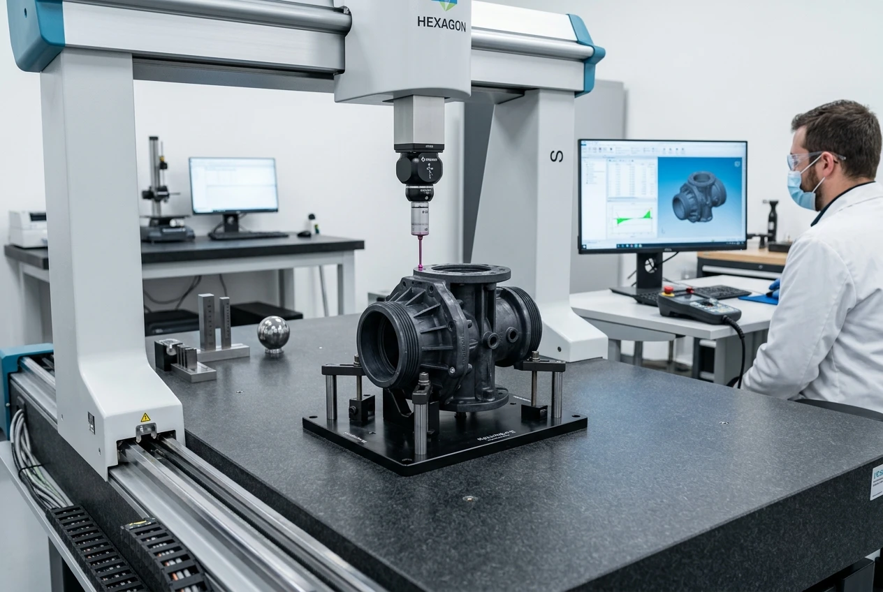 CMM coordinate measuring machine inspecting plastic valve body component