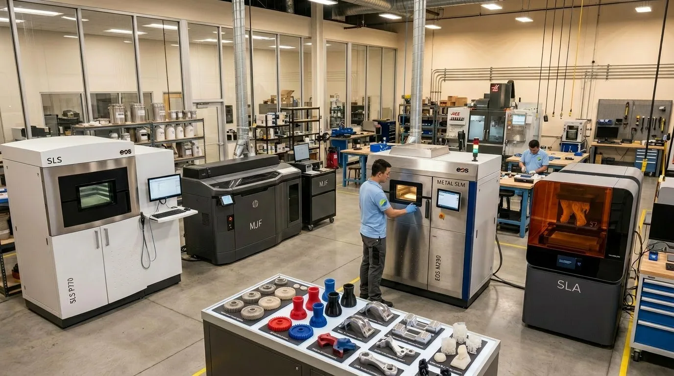 Chinese technicians in light blue PRO polo shirts at Goldcattle 3D printing workshop with SLS MJF SLA and SLM equipment