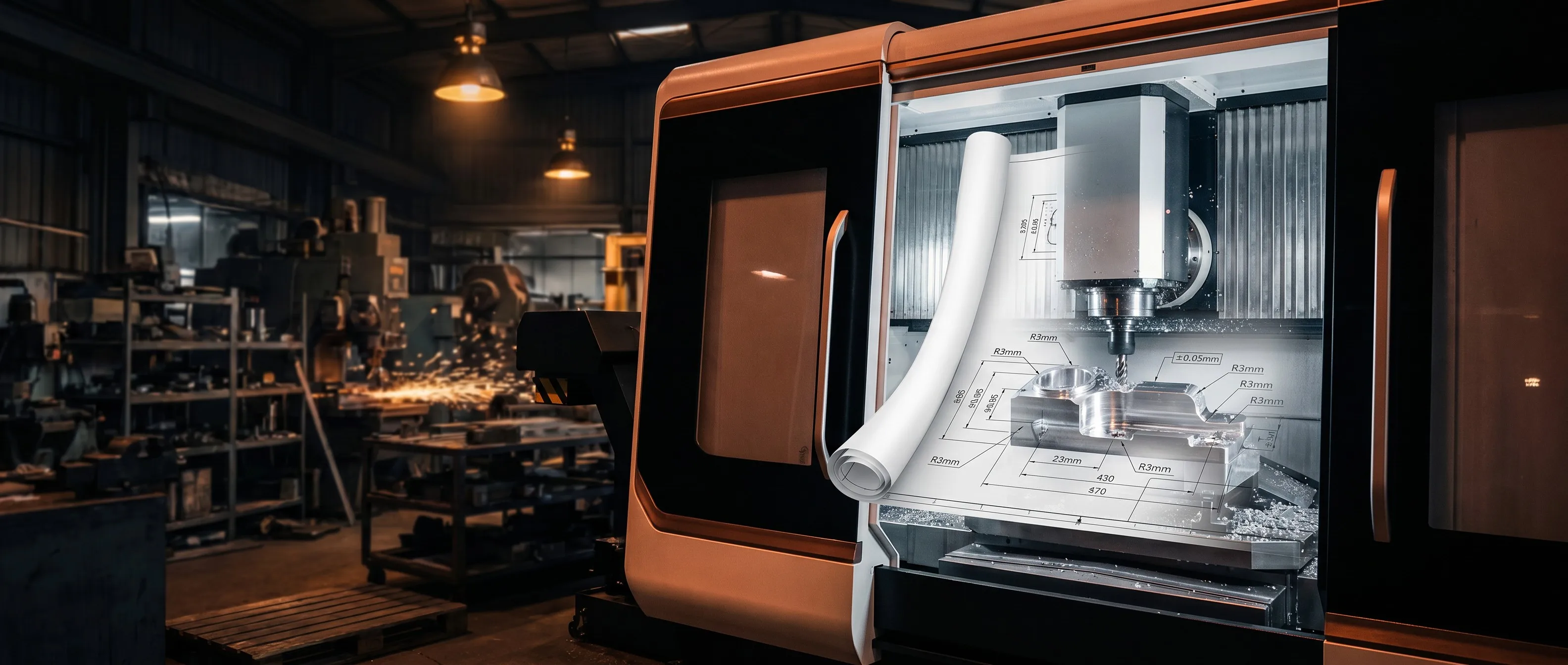 CNC DFM design guide: precision machined aluminum part with proper wall thickness, corner radii and tolerance callouts on engineering blueprint